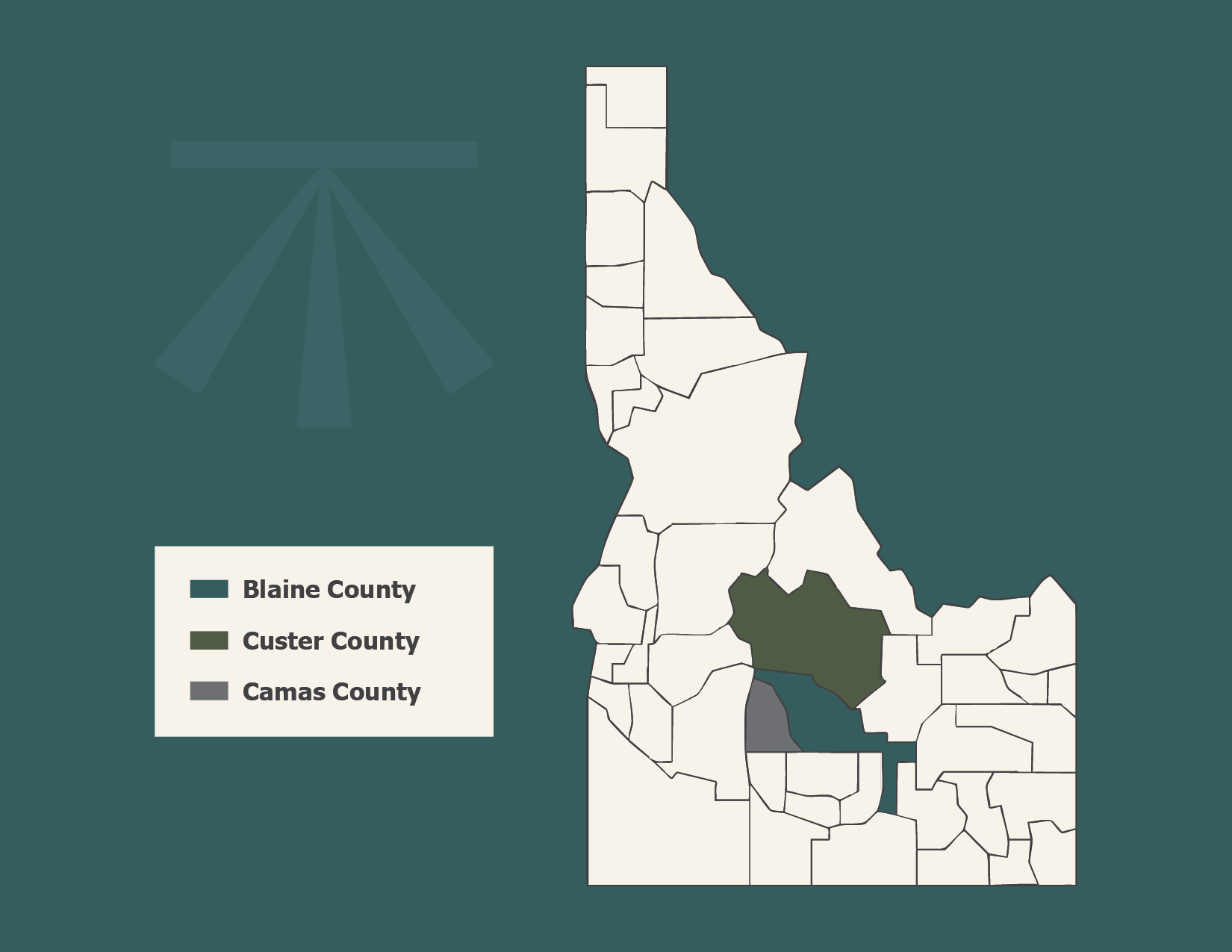 Map of locations served by Galena-Benchmark Engineering | highlighted Blaine County, Camas County and Custer County